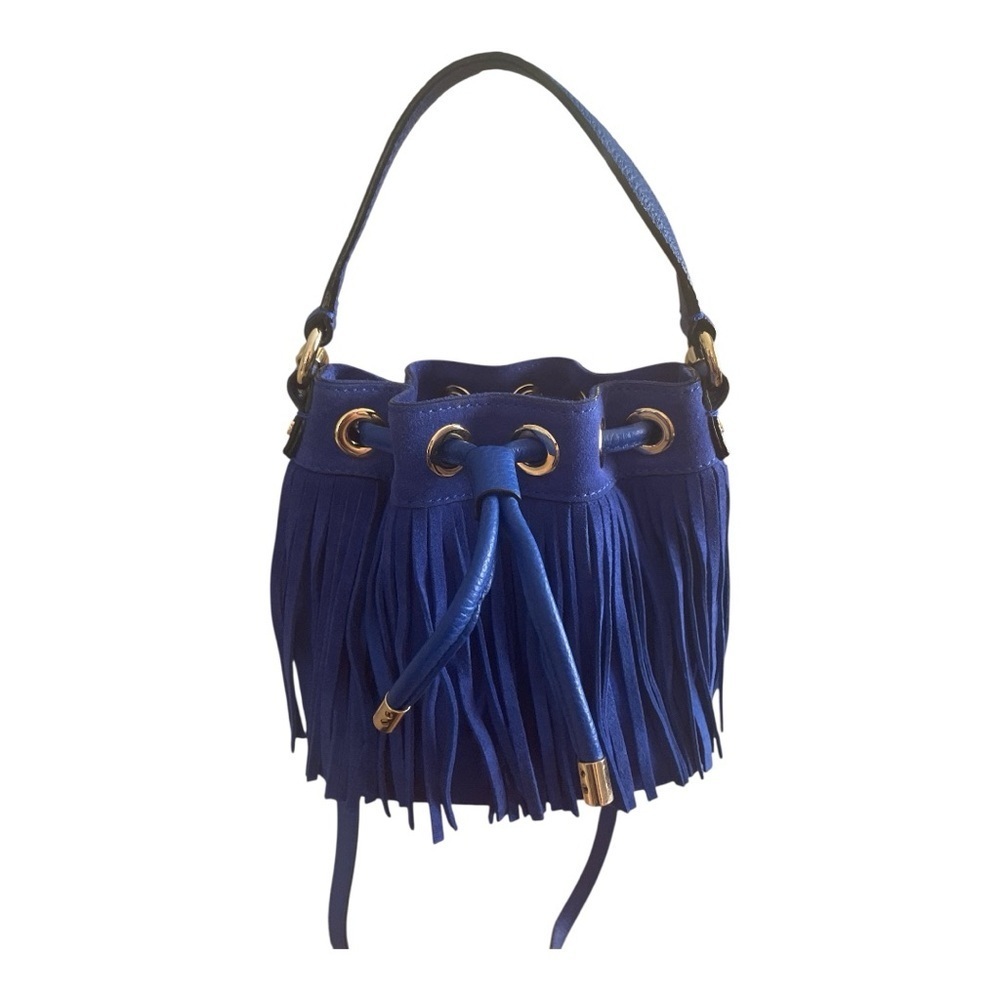 Milly Essex Fringe Drawstring Bucket Bag Cobalt Blue NWT Small